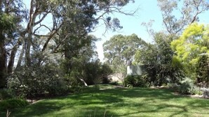 A well-maintained garden with a variety of trees and shrubs, a grassy lawn, and a stone pathway.