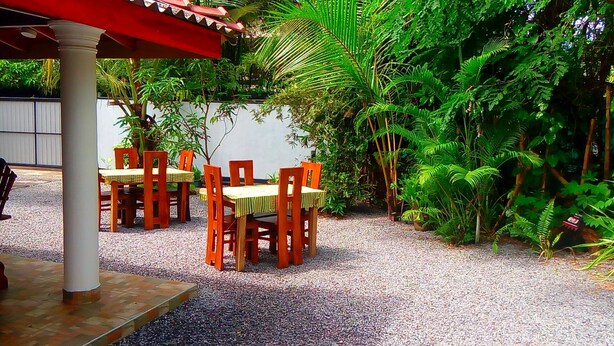 An outdoor seating area with wooden tables and chairs, surrounded by lush greenery and a gravel ground. - Villa Peacock (Hikkaduwa)