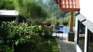 A garden with various plants and a swing set. - Luxurious Castle, Infinity Pool And Jaw Dropping Views!  (Atenas)