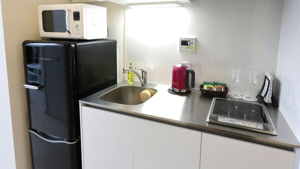 A compact kitchen with a refrigerator, microwave, sink, kettle, and a small induction cooktop.