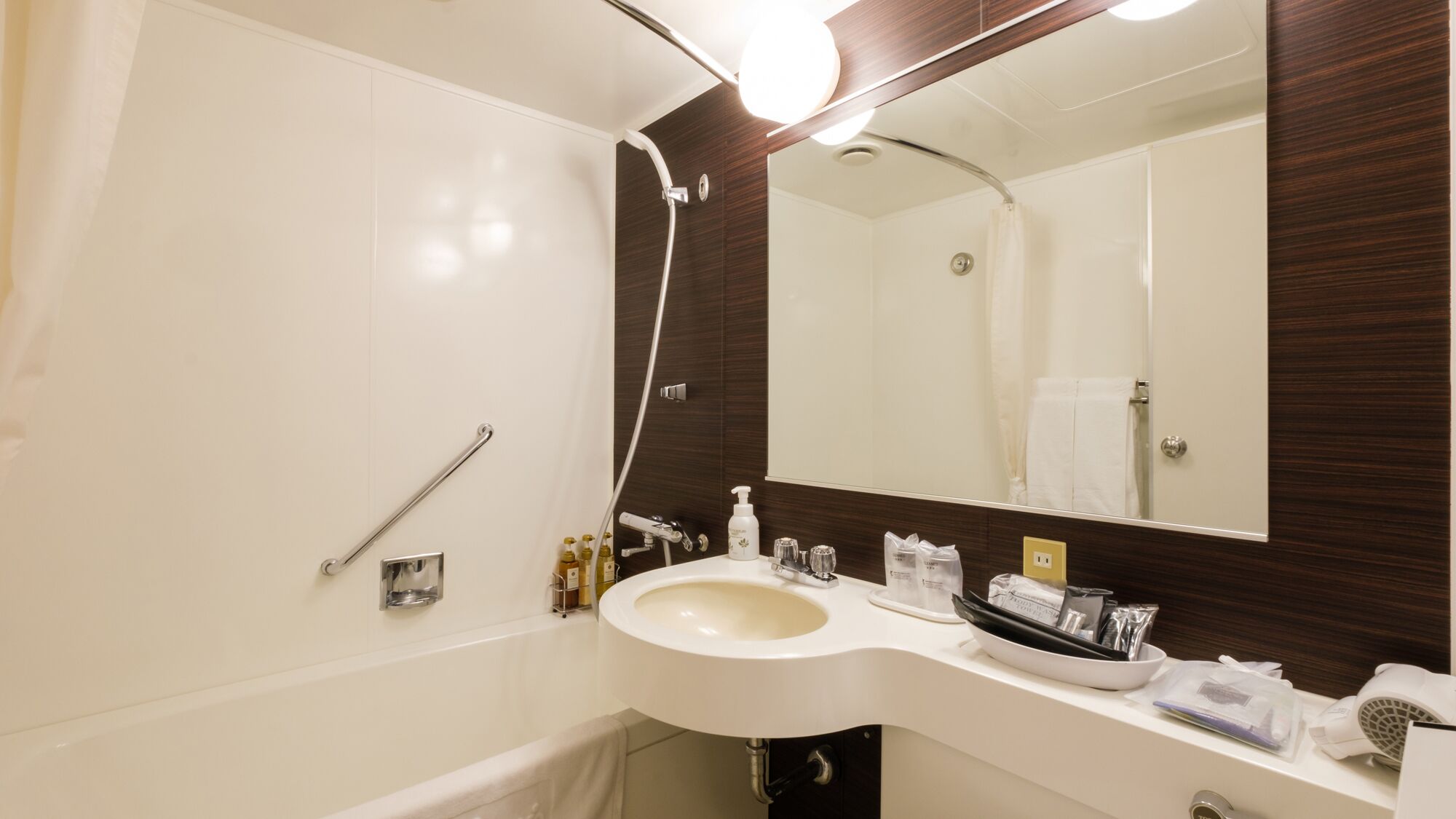 combined shower/bathtub, free toiletries, hair dryer, slippers