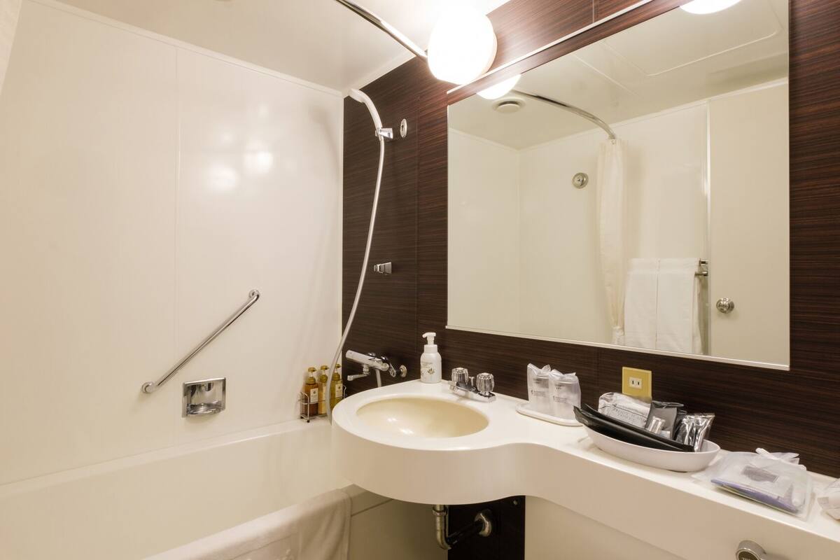combined shower/bathtub, free toiletries, hair dryer, slippers