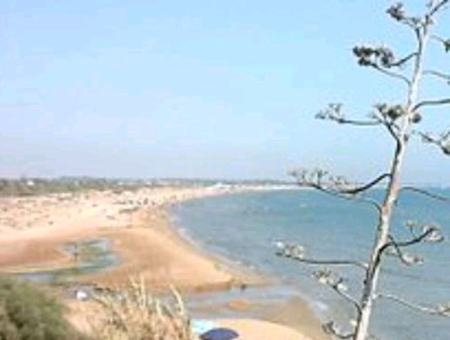 Un paysage côtier caractérisé par une plage de sable, un petit plan d’eau et une végétation clairsemée.