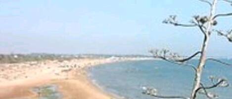Un paysage côtier caractérisé par une plage de sable, un petit plan d’eau et une végétation clairsemée.