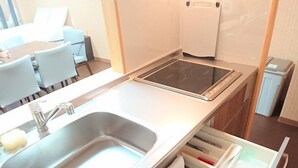 Una cocina compacta con fregadero, estufa y almacenamiento en cajones.