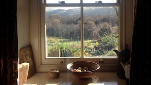 Una ventana con vistas a un paisaje rural, un cuenco en el alféizar y un pequeño adorno.