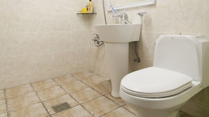 Un baño con inodoro, lavamanos y espejo.