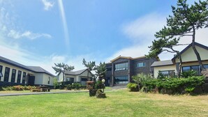 A residential area with modern houses, a grassy lawn, and a clear sky.