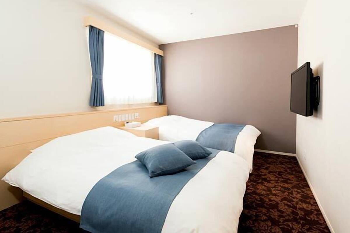 Habitación de hotel con dos camas, una ventana con cortinas, un televisor de pantalla plana montado en la pared y suelo alfombrado.