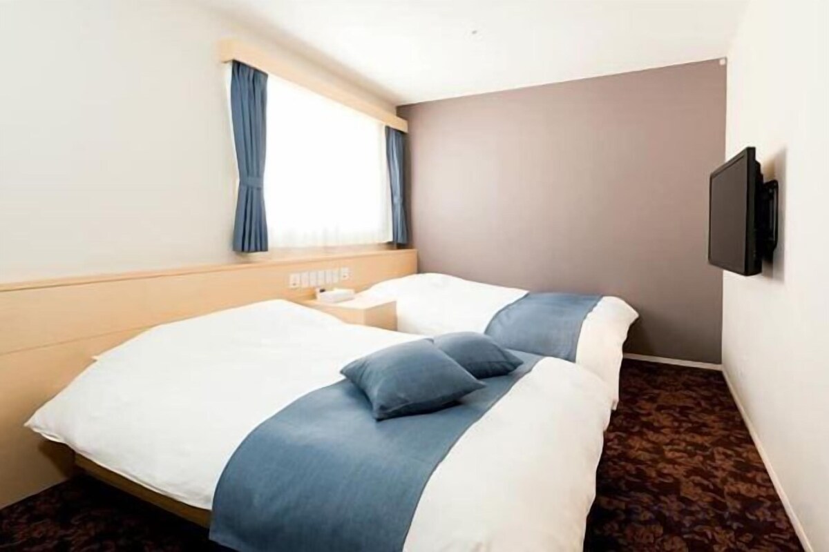 Habitación de hotel con dos camas, una ventana con cortinas, un televisor de pantalla plana y piso alfombrado.