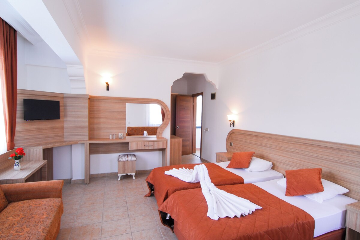 Habitació d'hotel amb un llit gran, un escriptori, un mirall i un televisor.