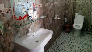 Un bagno con un lavandino bianco, uno scaffale in vetro con articoli da toilette, una doccia e un water.