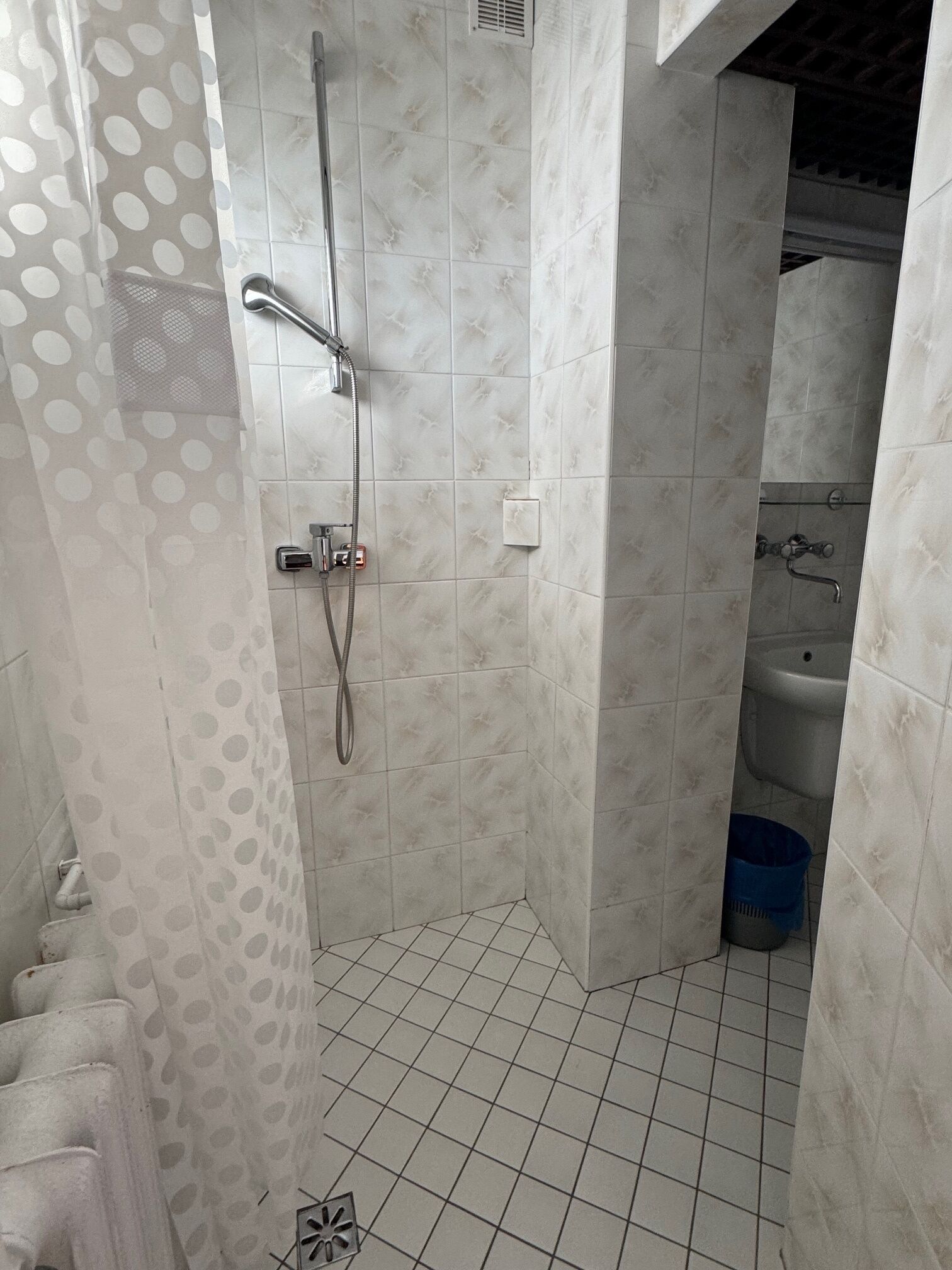 Une salle de bain avec des murs et un sol recouverts de carreaux blancs, une douche équipée d’un pommeau de douche à main, et des toilettes visibles au fond.