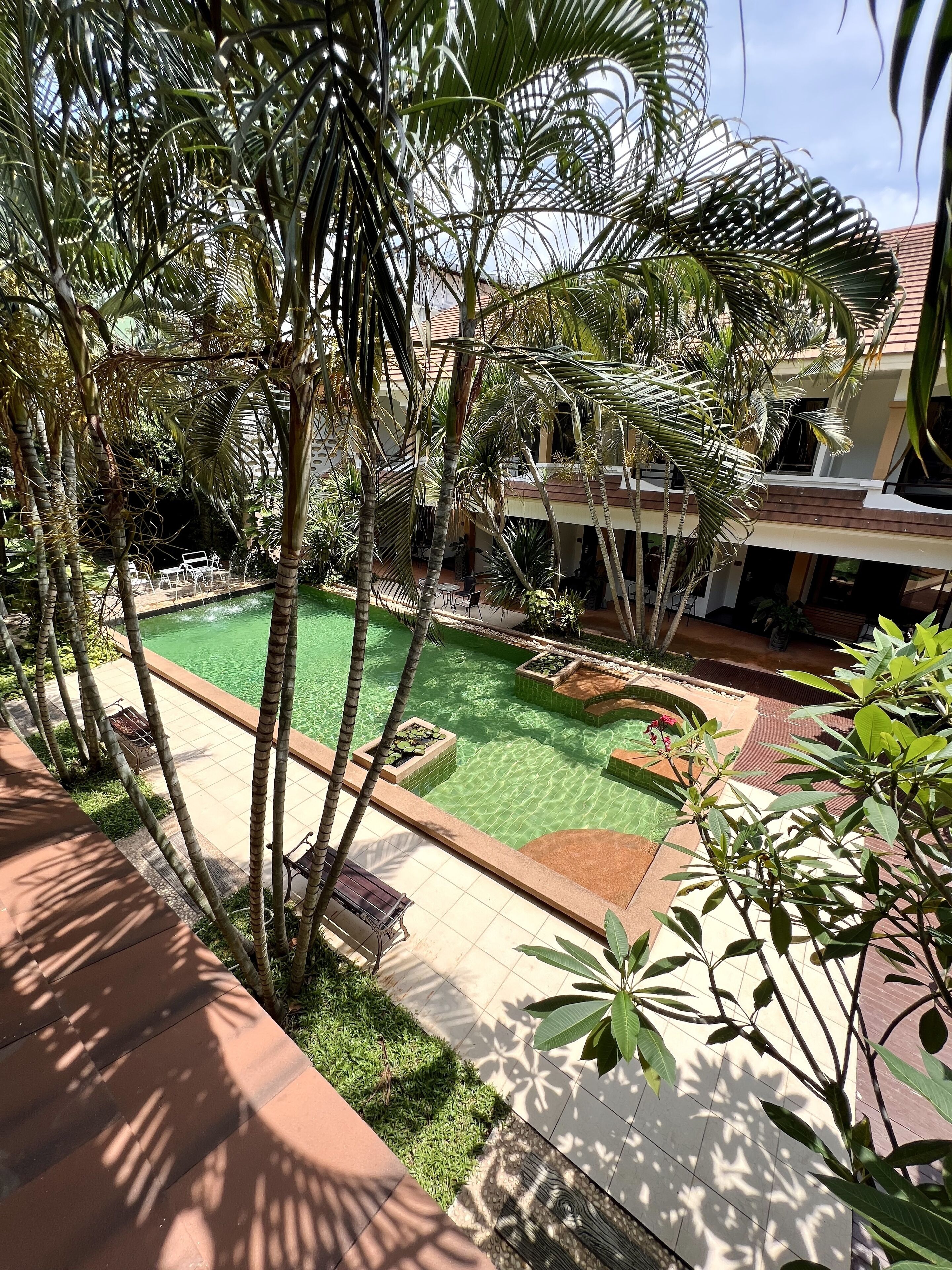 A courtyard with a swimming pool, palm trees, and a building with a tiled roof.