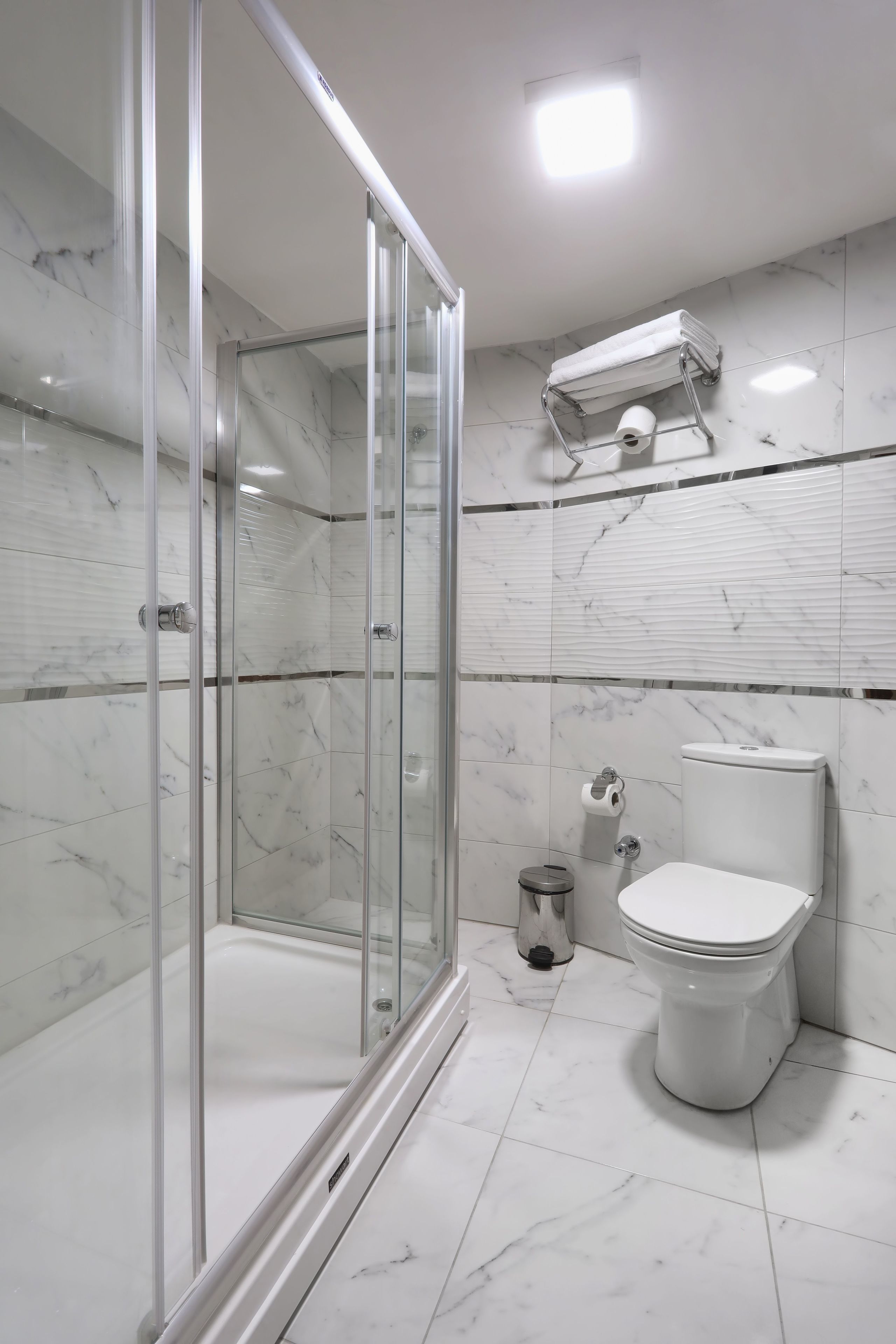 A modern bathroom with a glass-enclosed shower, a toilet, and a towel rack.