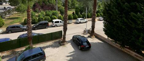Un estacionamiento con varios coches, palmeras y un seto verde.