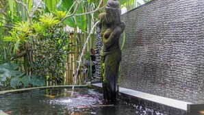 A stone statue in a water feature surrounded by lush greenery. - Alam Pracetha Bali (Ubud)