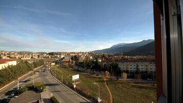 A view of a cityscape with a road, buildings, and mountains in the background.