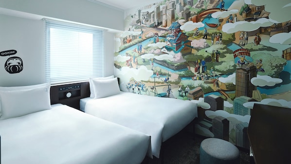 A hotel room with two beds, a window with blinds, a wall mural, and a small round ottoman. - Garner Osaka Honmachi Kita Semba by IHG (Osaka)