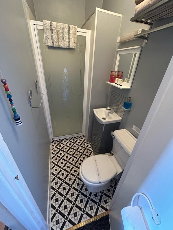 A compact bathroom with a shower, toilet, and sink.
