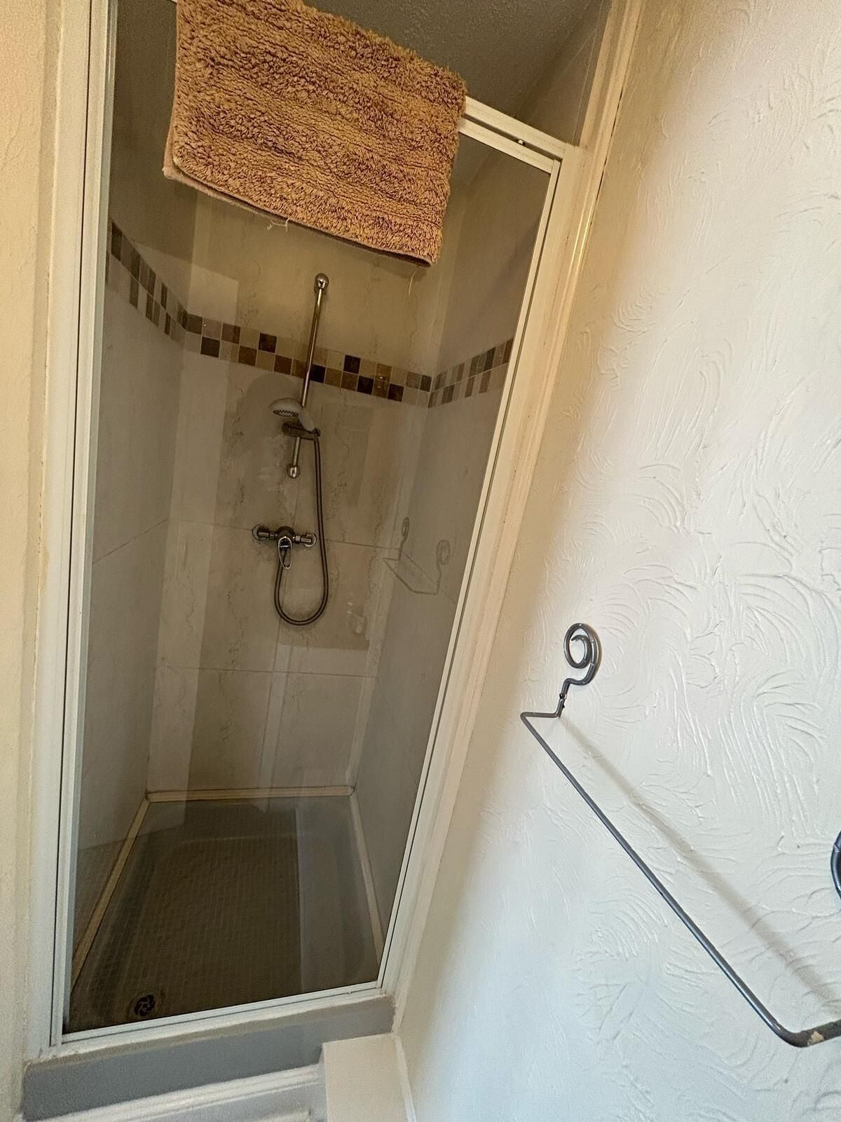 A shower with a glass door, a towel rack, and a showerhead.