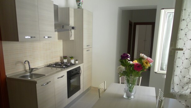 A modern kitchen with a gas stove, oven, and sink. There is a dining table with chairs and a vase of flowers. - Bed and Breakfast Ocurniciell (Naples)