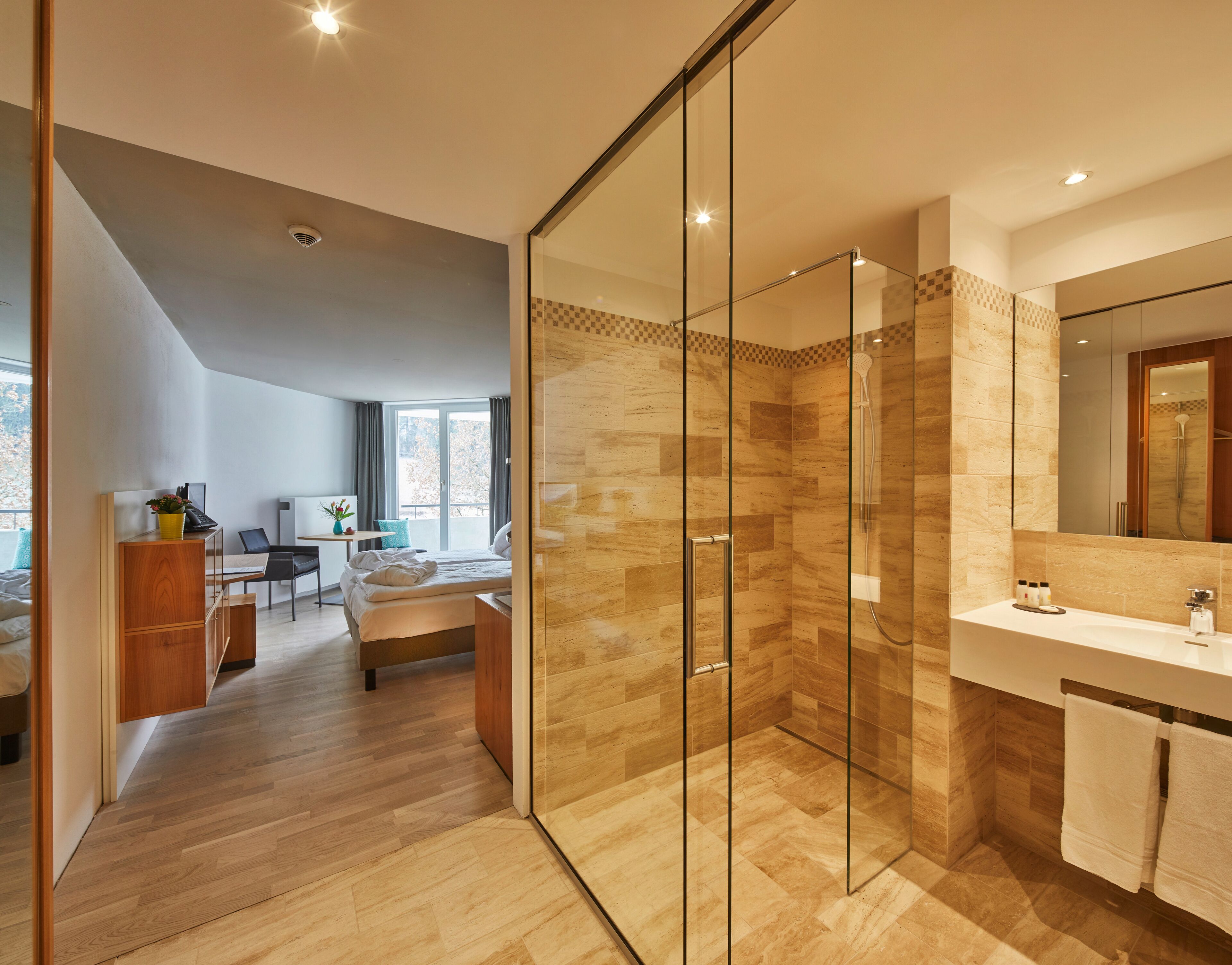 shower, free toiletries, hair dryer, bathrobes