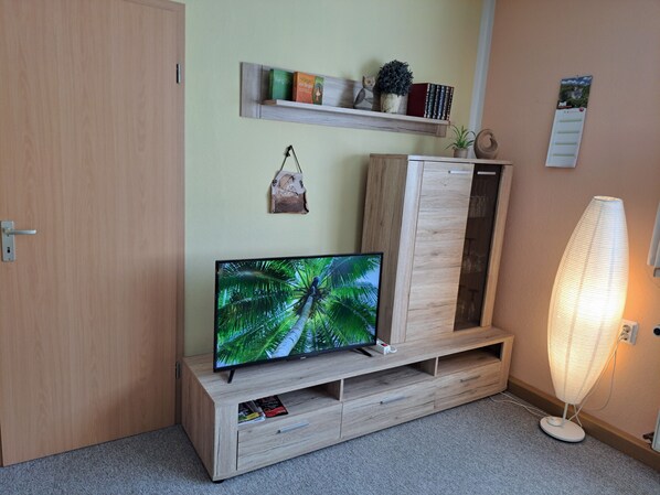 Una habitación con televisión sobre un mueble de madera, un armario, una estantería con libros y objetos decorativos, y un calendario en la pared.