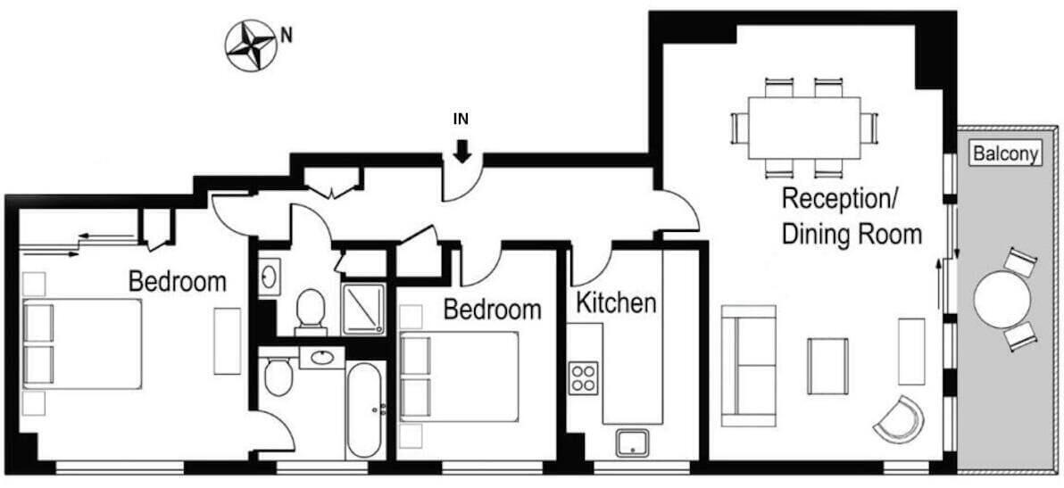 A floor plan of a hotel with two bedrooms, a kitchen, a dining area, and a balcony.