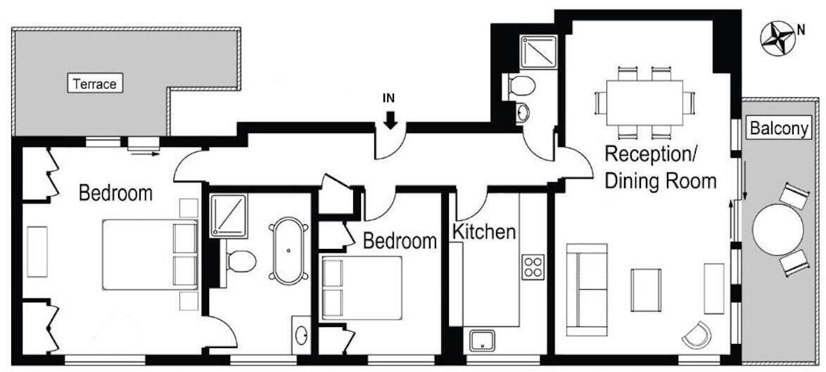 Plano de planta que muestra una terraza, dos dormitorios, una cocina, un comedor y un balcón.