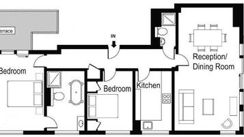 Plano de planta que muestra una terraza, dos dormitorios, una cocina, un comedor y un balcón.
