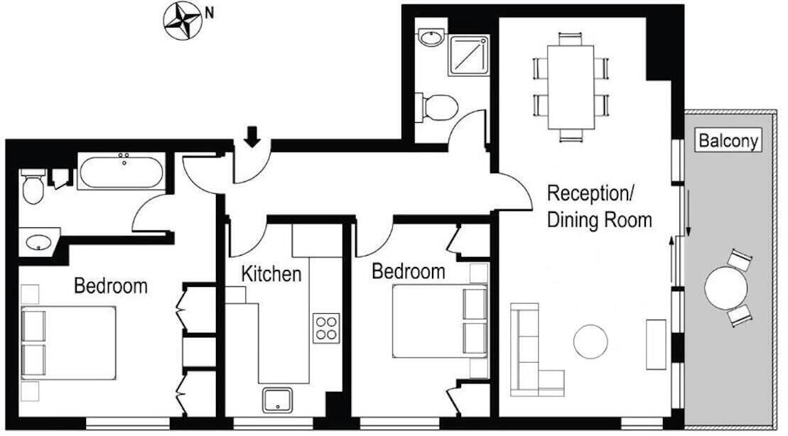 A floor plan with two bedrooms, a kitchen, a bathroom, a reception/dining room, and a balcony.