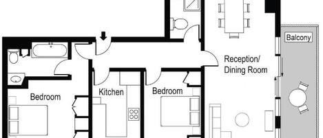 A floor plan with two bedrooms, a kitchen, a bathroom, a reception/dining room, and a balcony.