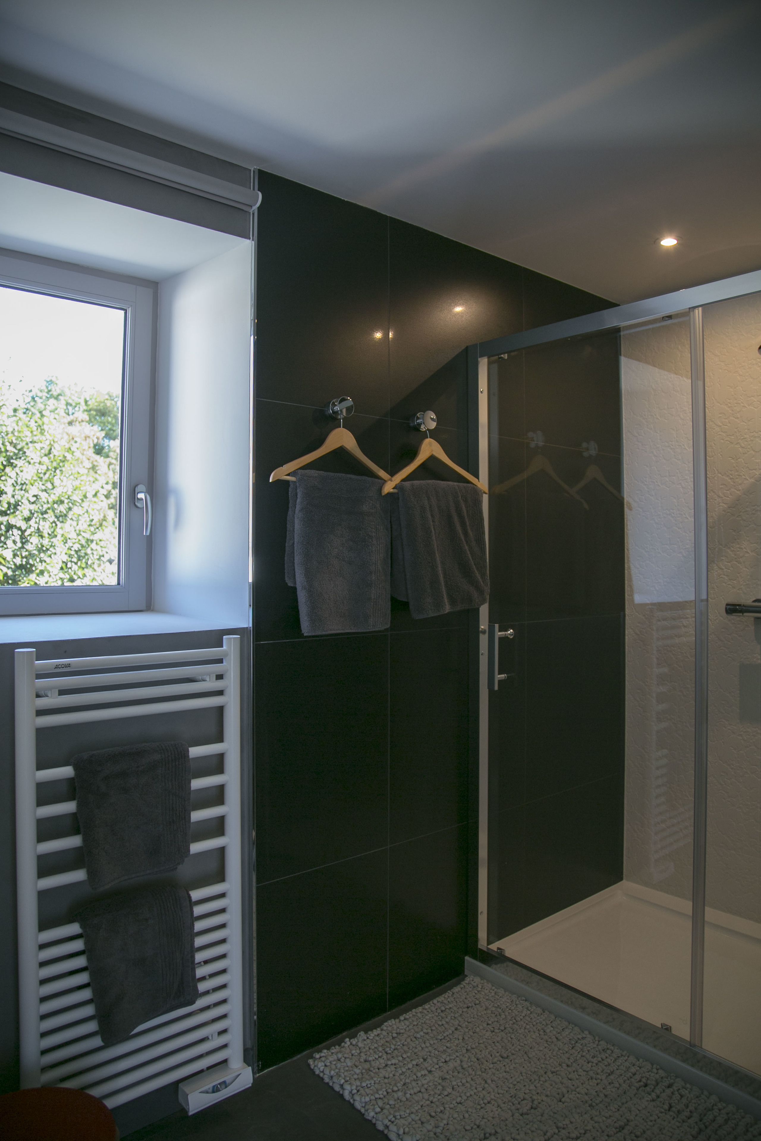 Ein modernes Badezimmer mit Duschkabine aus Glas, einem weißen Handtuchhalter und einem Fenster mit Tageslicht.