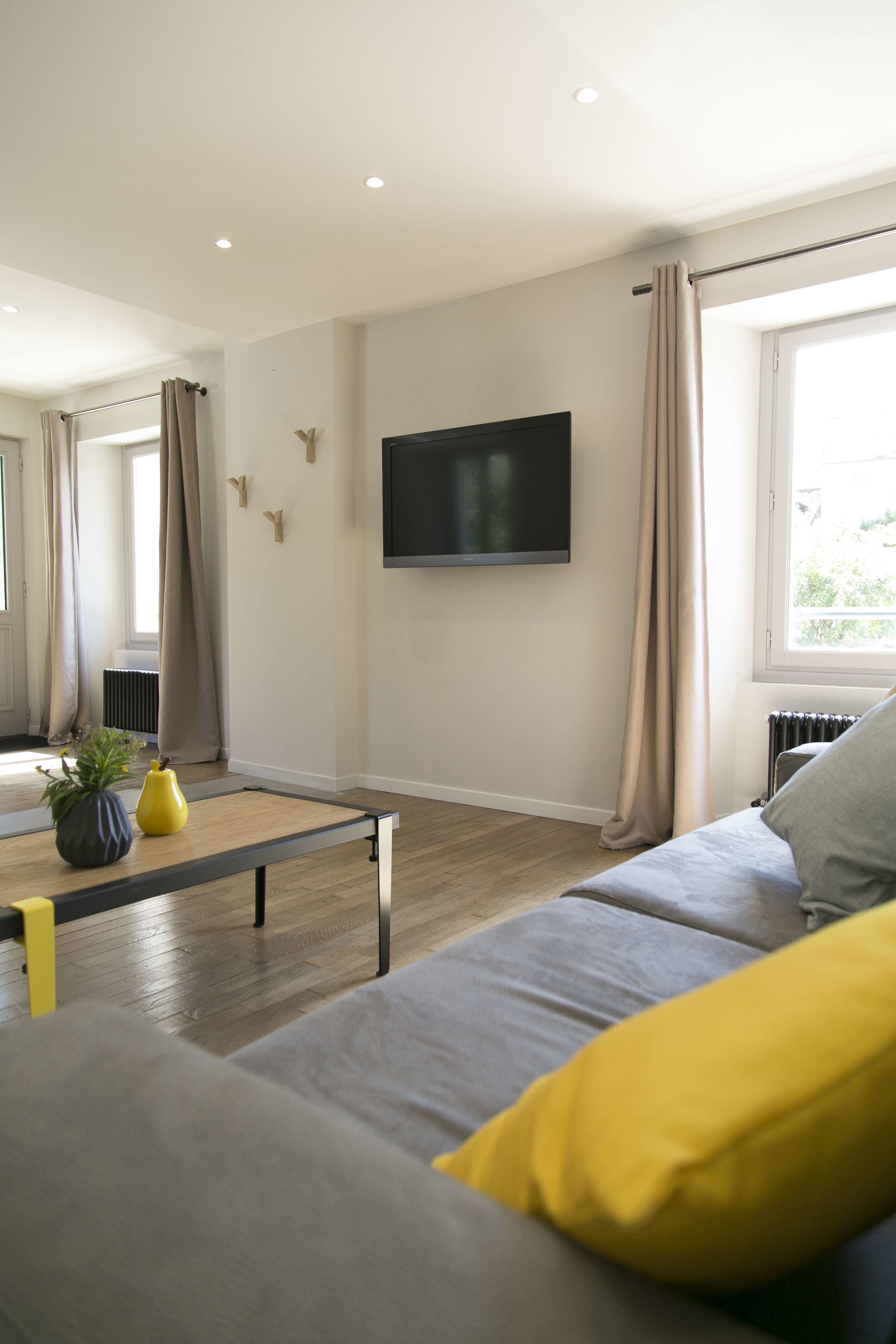 A modern living room with a grey sofa, a yellow pillow, a small table with a potted plant, and a mounted TV.