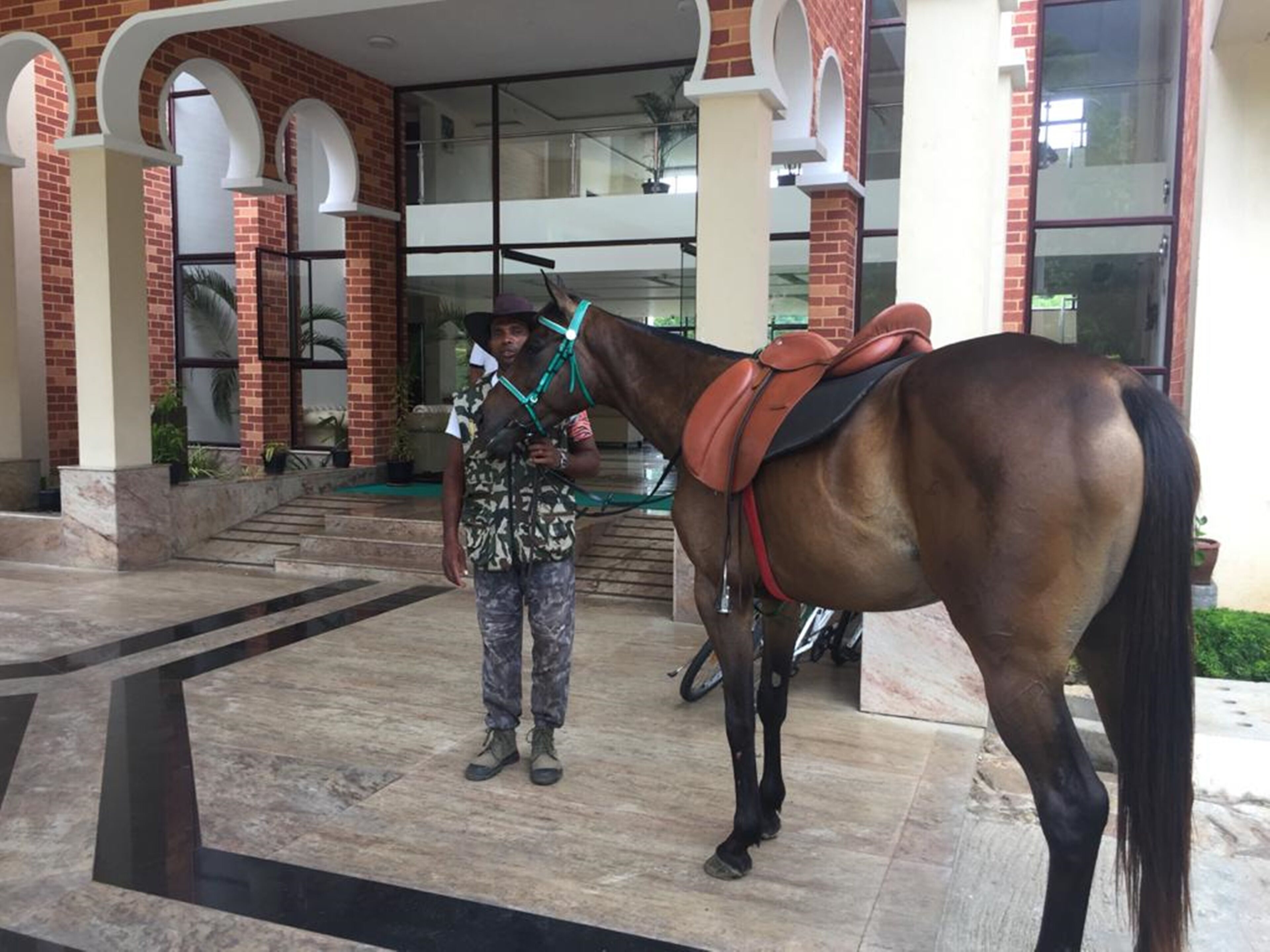 A person standing next to a horse with a saddle, in front of a building with brick walls and large windows.