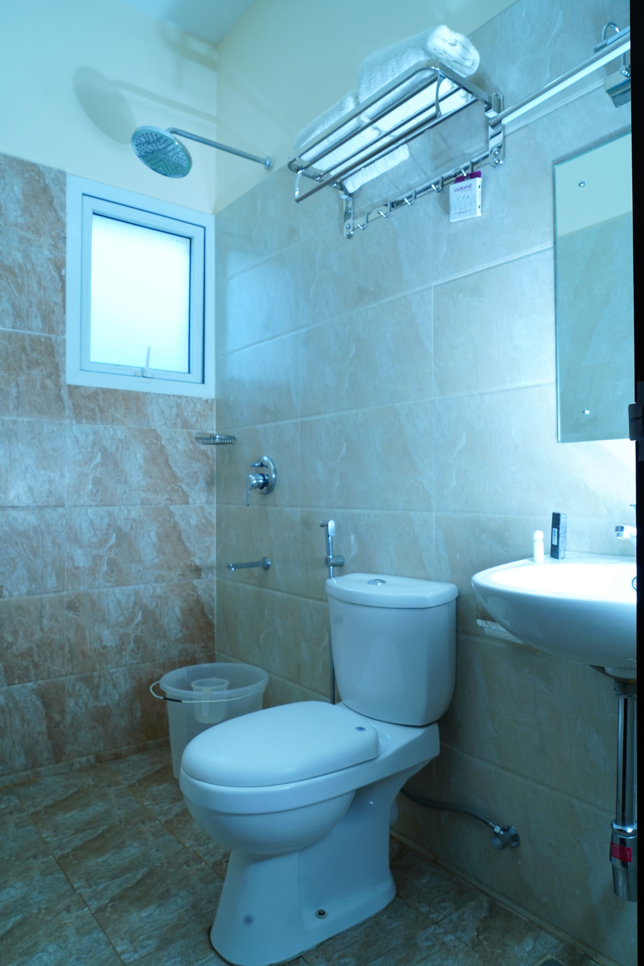 A bathroom with a toilet, sink, shower, and a window.