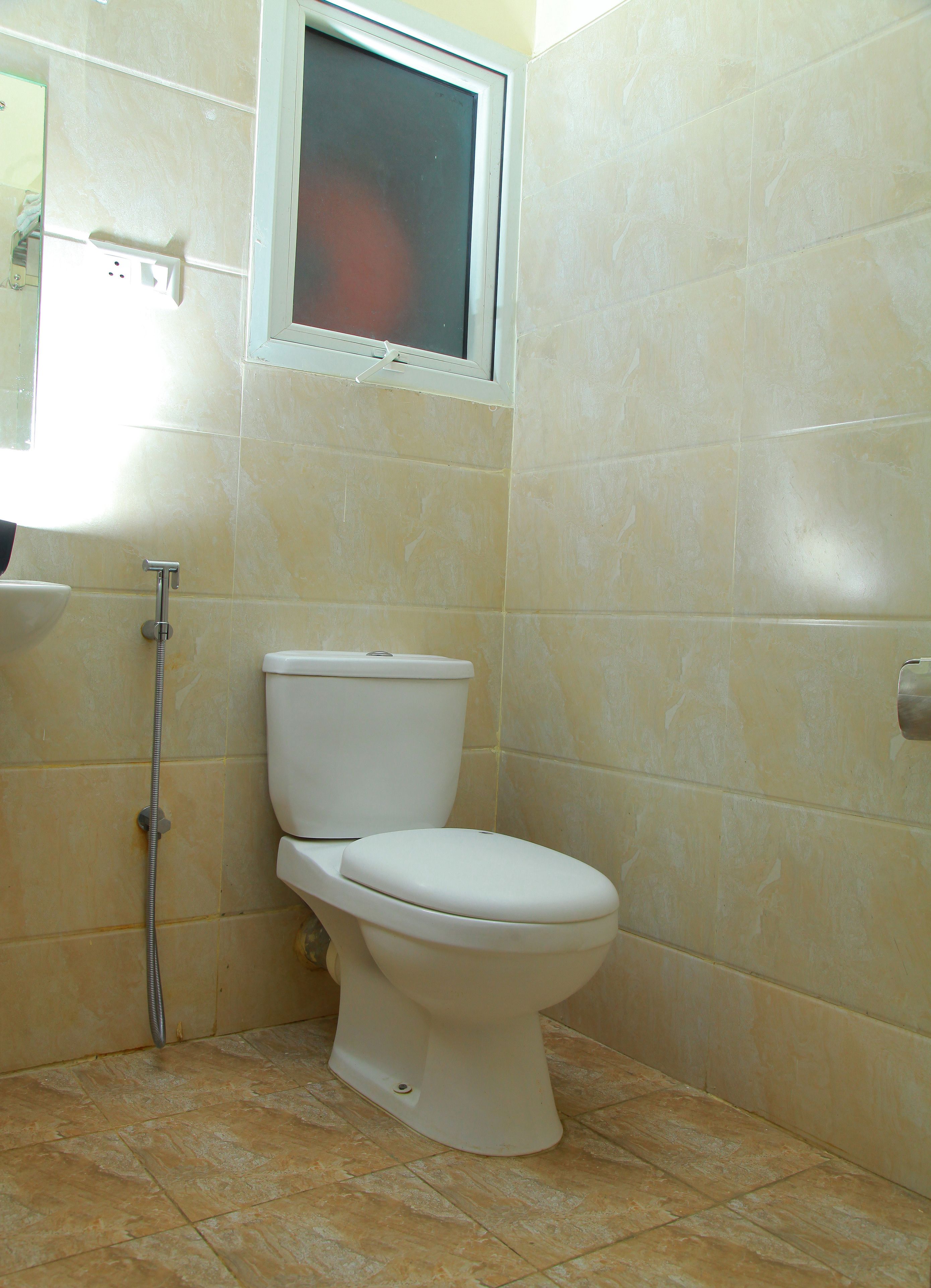 A bathroom with a toilet, a shower, and a window.