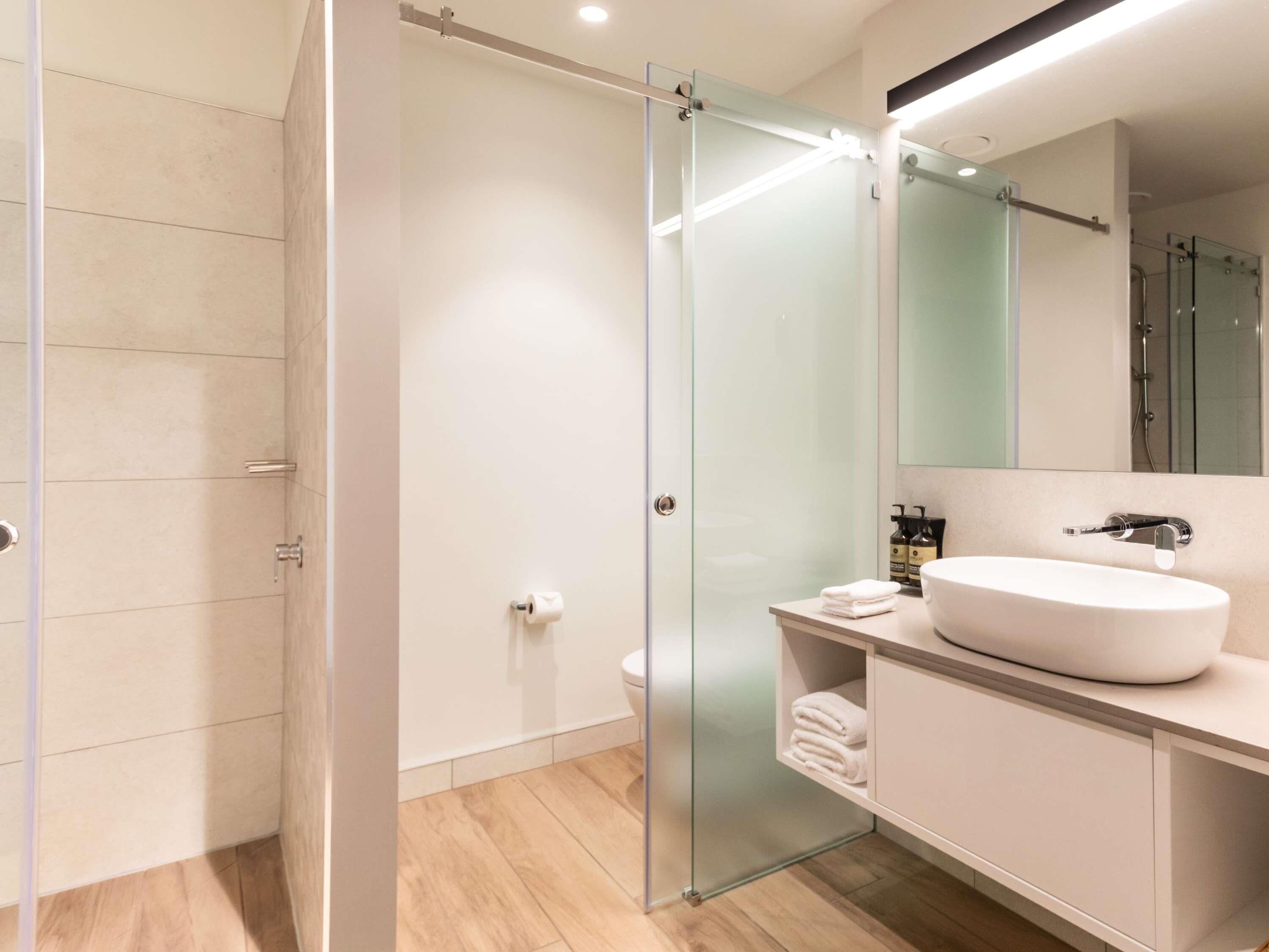 A modern bathroom with a glass shower enclosure, a white sink, and a mirror above it.