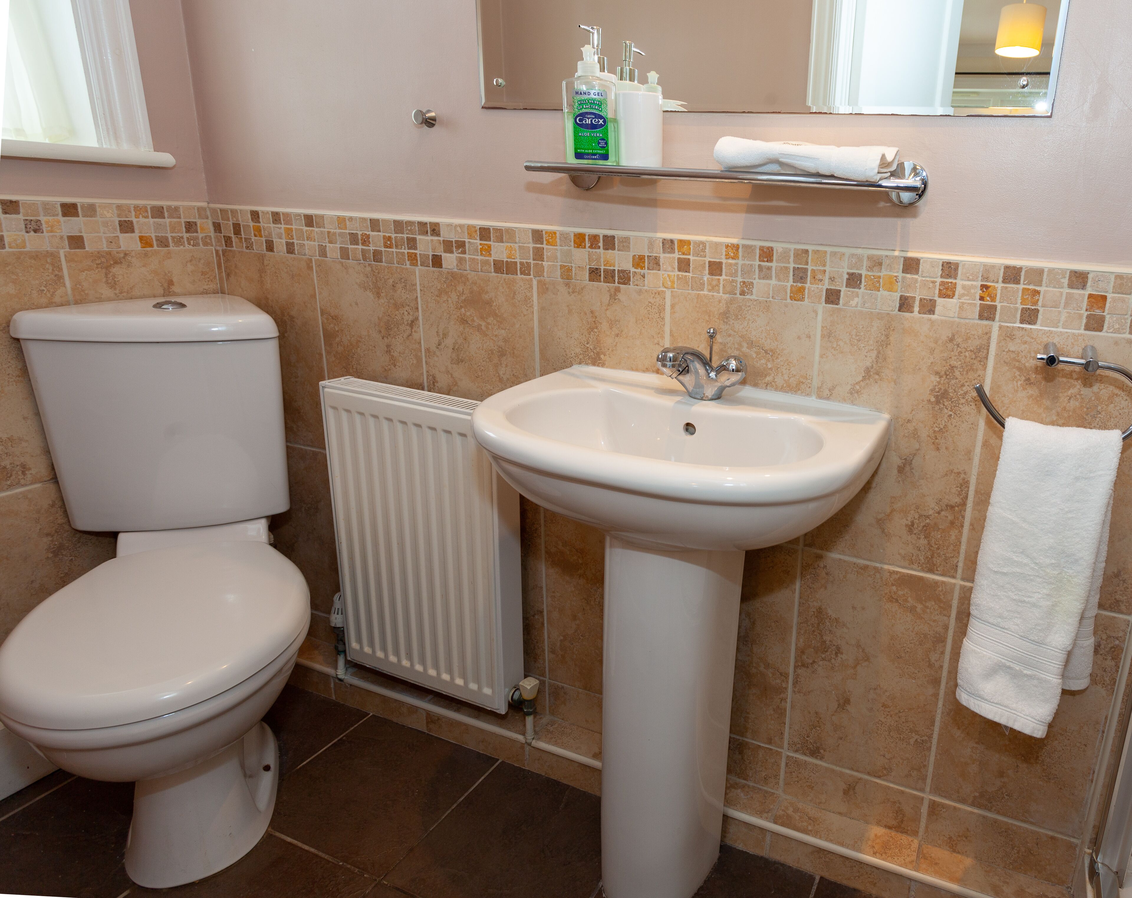A bathroom with a toilet, a sink, and a radiator.