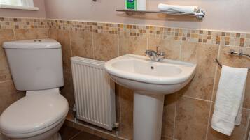A bathroom with a toilet, a sink, and a radiator.