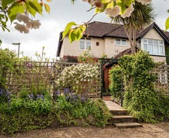 A house with a garden, a wooden fence, and a pathway leading to the entrance.