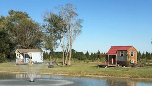A rural setting with a house, a small shed, and a pond.