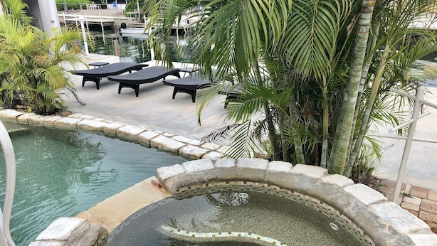 A swimming pool with a stone edge and a water feature, surrounded by lounge chairs and palm trees.