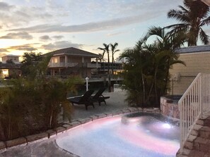 Outdoor pool, a heated pool, pool loungers