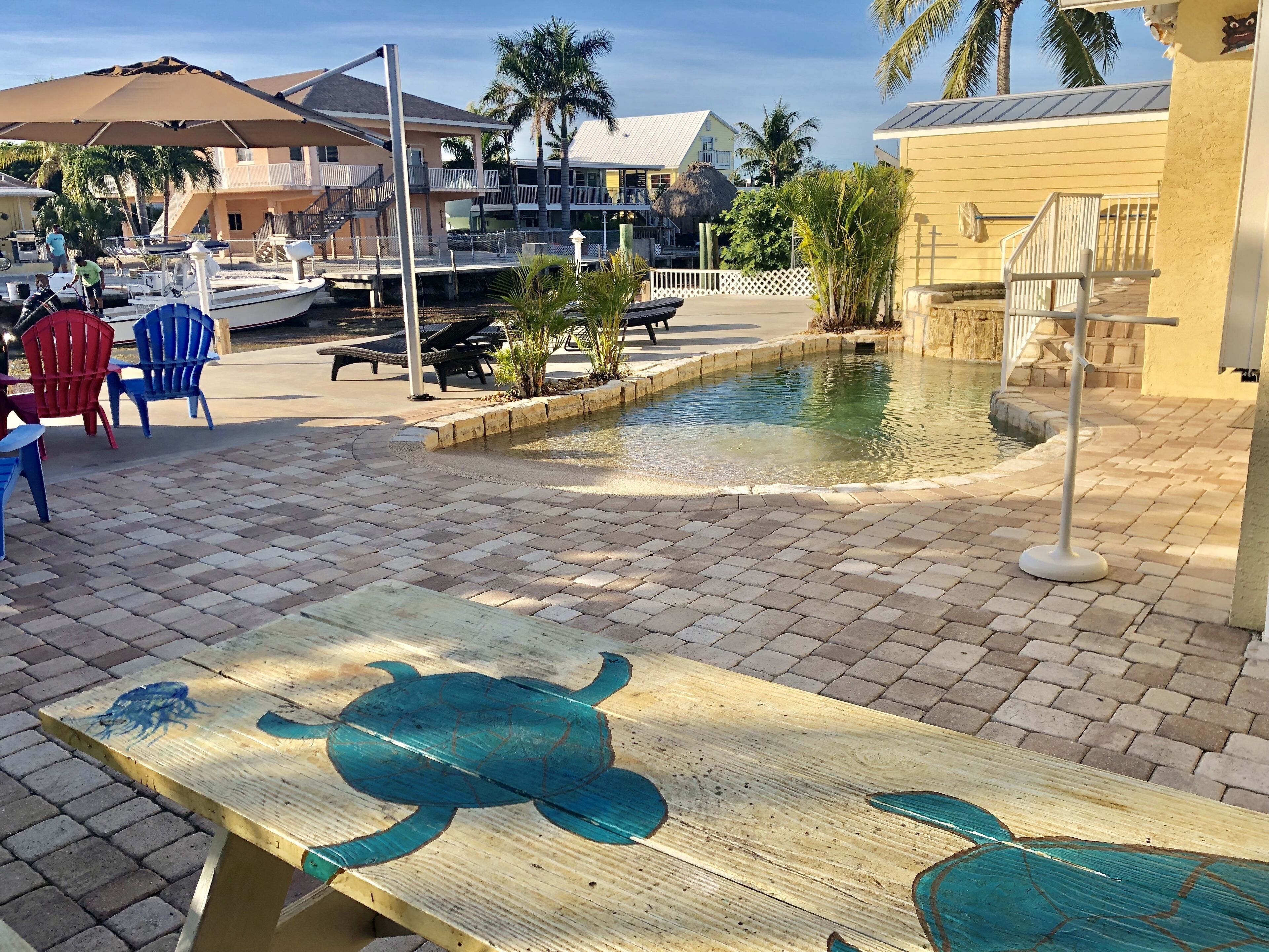 Utendørsbasseng, et oppvarmet basseng og solsenger