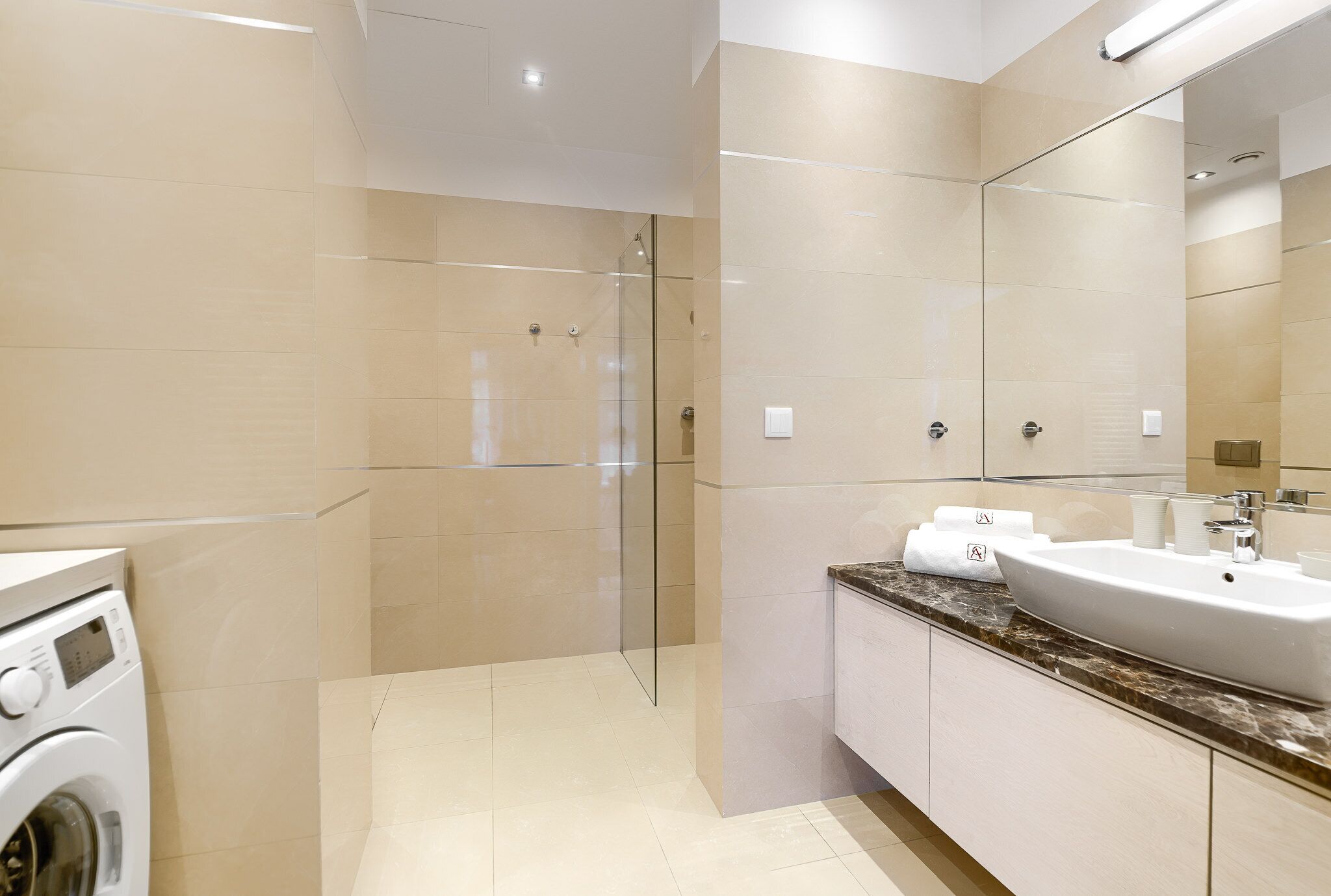 Un baño moderno con ducha envuelta en vidrio, lavadora integrada y un lavamanos grande con encimera de mármol.
