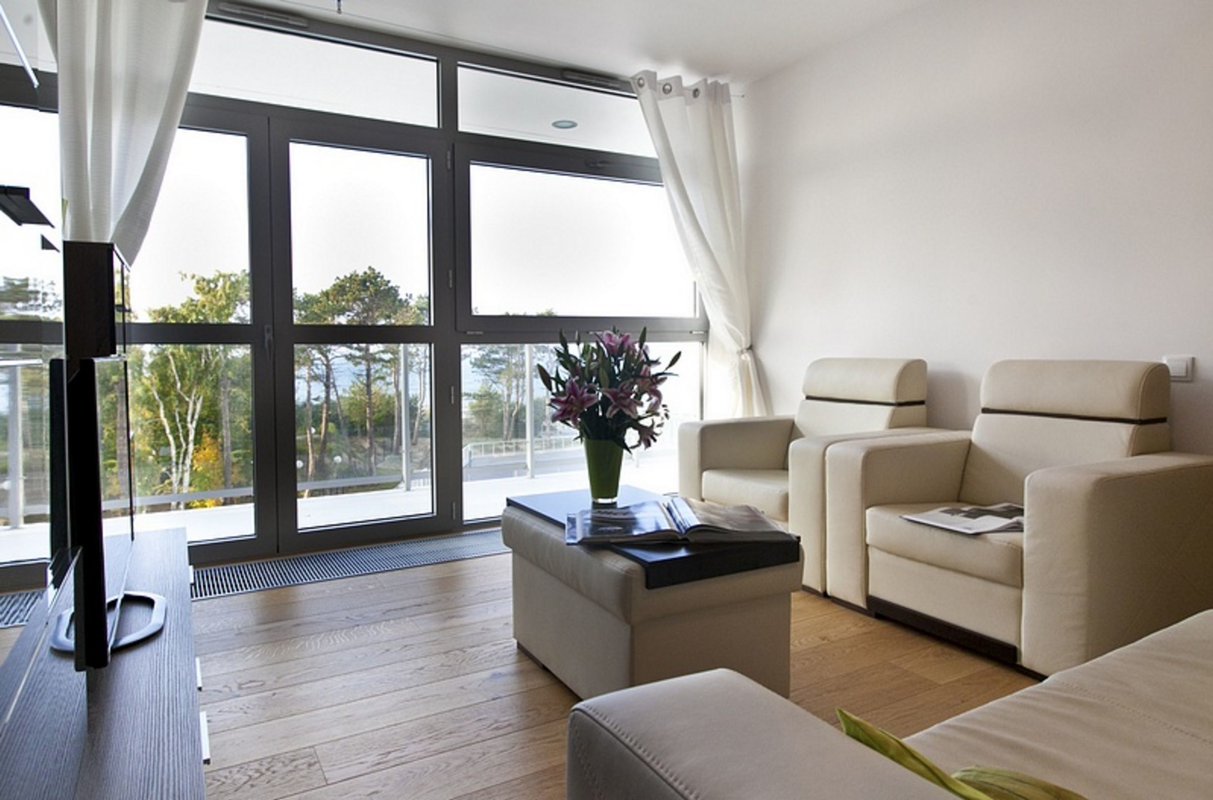 A modern living room with a large window, two sofas, a coffee table, and a floor lamp.