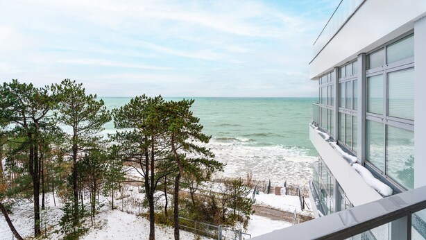A view from a balcony overlooking a beach with trees and a building with large windows.