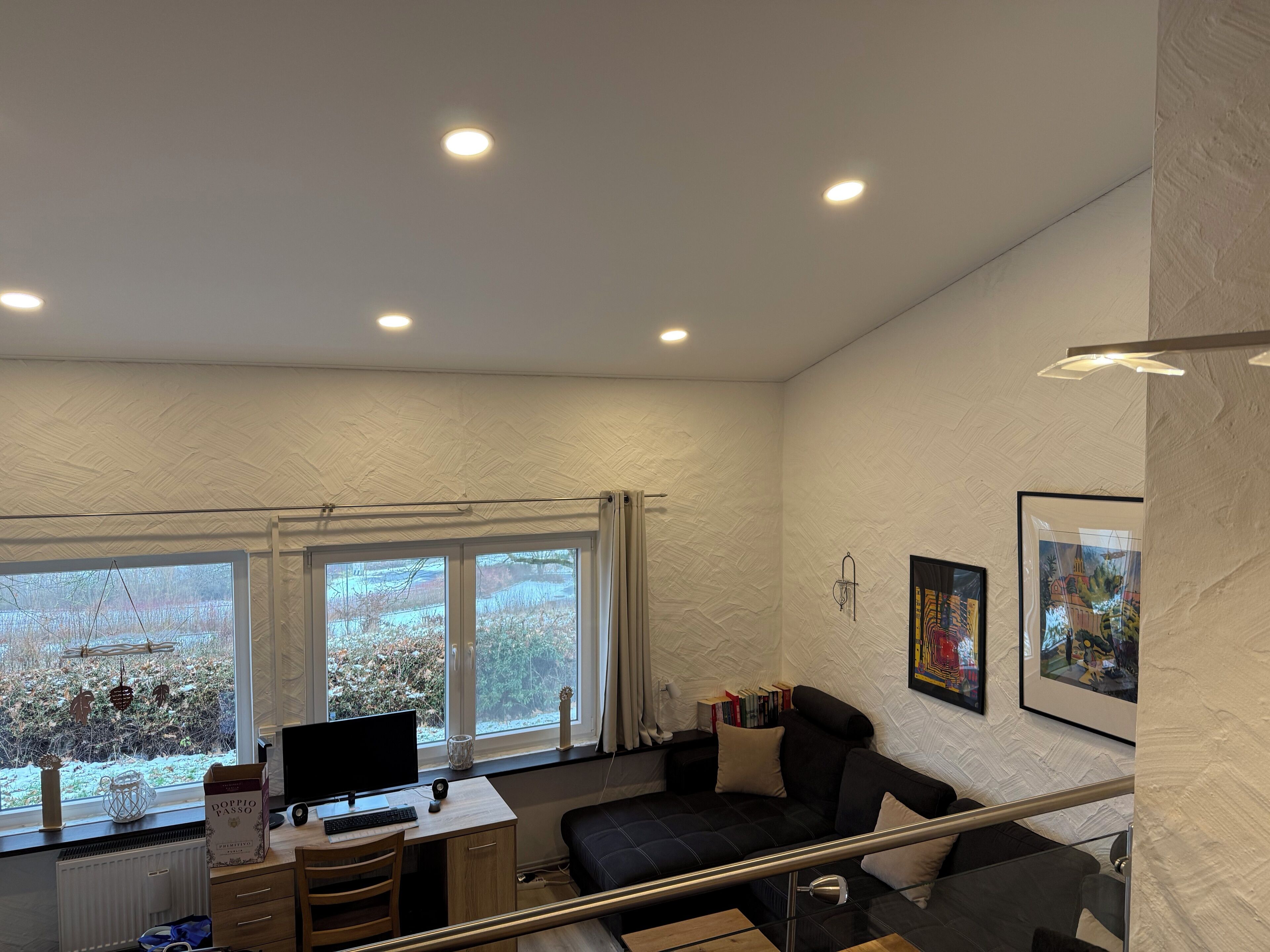 Flat-screen TV, fireplace, computer monitors